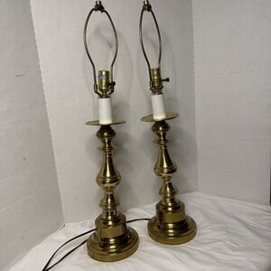 2 Vtg MCM Stiffel Style Table Lamps Brass Hollywood Regency Tall Candle Pair